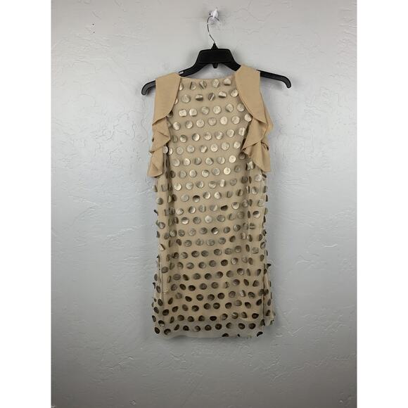 Eva Franco Dress Womens 8 Beige Gold Polka Dot Sleeveless Ruffle Sheath Made USA - Picture 2 of 7